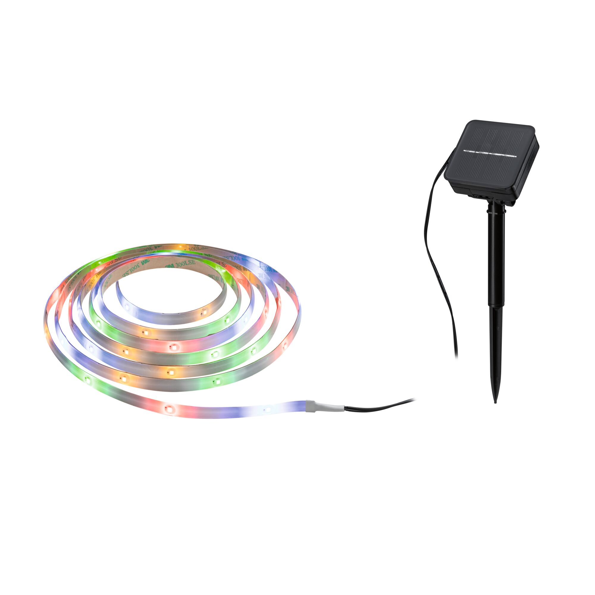 Colorful LED strip light with black solar panel and ground spike for energy-saving outdoor lighting