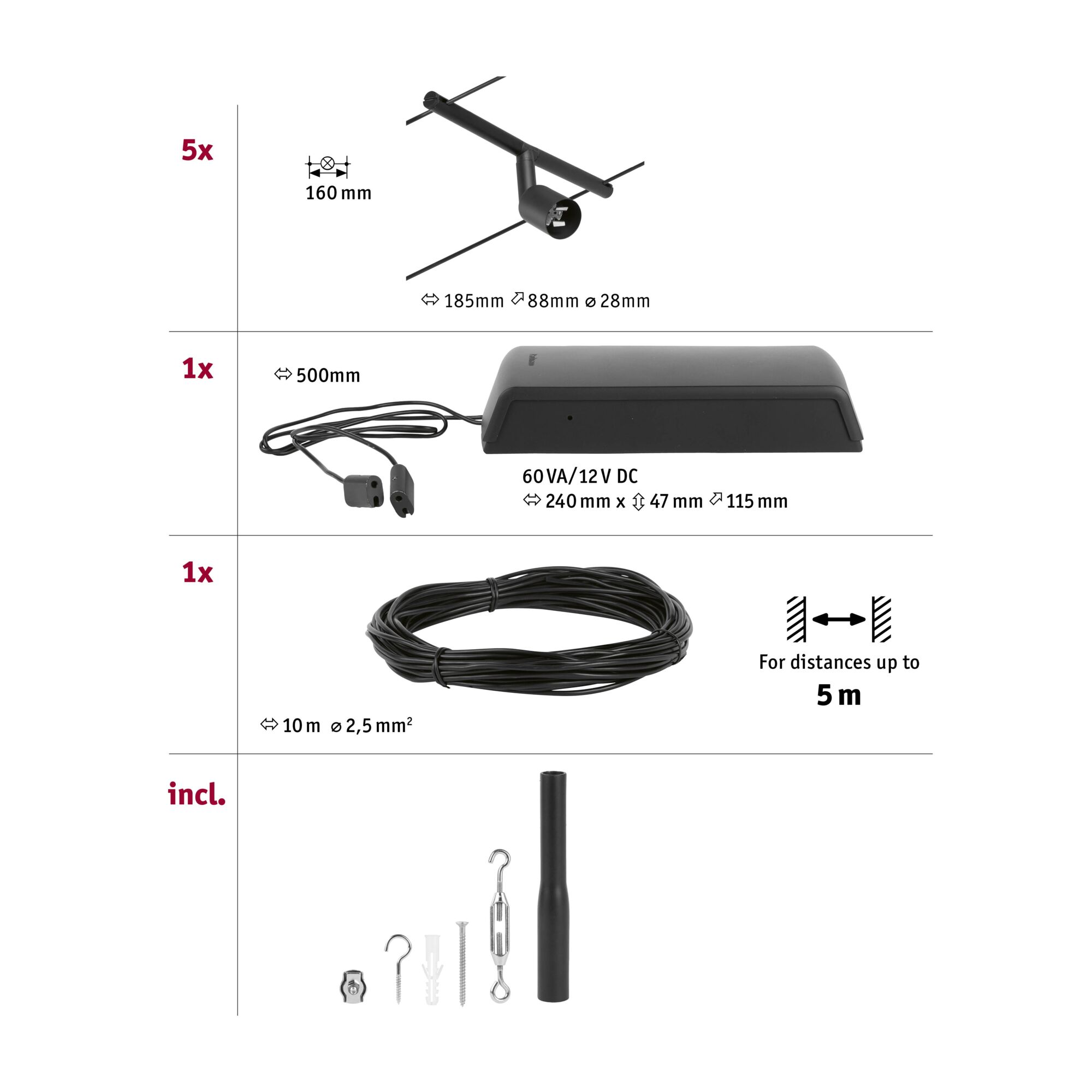 Black LED track lighting set with 5 spotlights, 12V transformer, 10m cable, and mounting accessories for lighting.