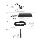 Black LED track lighting set with 5 spotlights, 12V transformer, 10m cable, and mounting accessories for lighting.