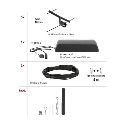 Black LED track lighting set with 5 spotlights, 12V transformer, 10m cable, and mounting accessories for lighting.