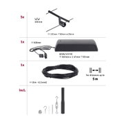 Schwarzes LED-Schienensystem mit 5 Spots, 12V Transformator, 10m Kabel und Montagematerial für Beleuchtung.