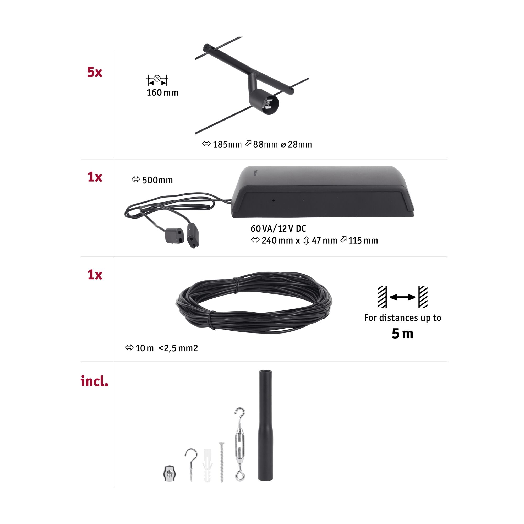 Schwarzes LED-Schienensystem mit 5 Spots, 12V Transformator, 10m Kabel und Montagematerial für Beleuchtung.