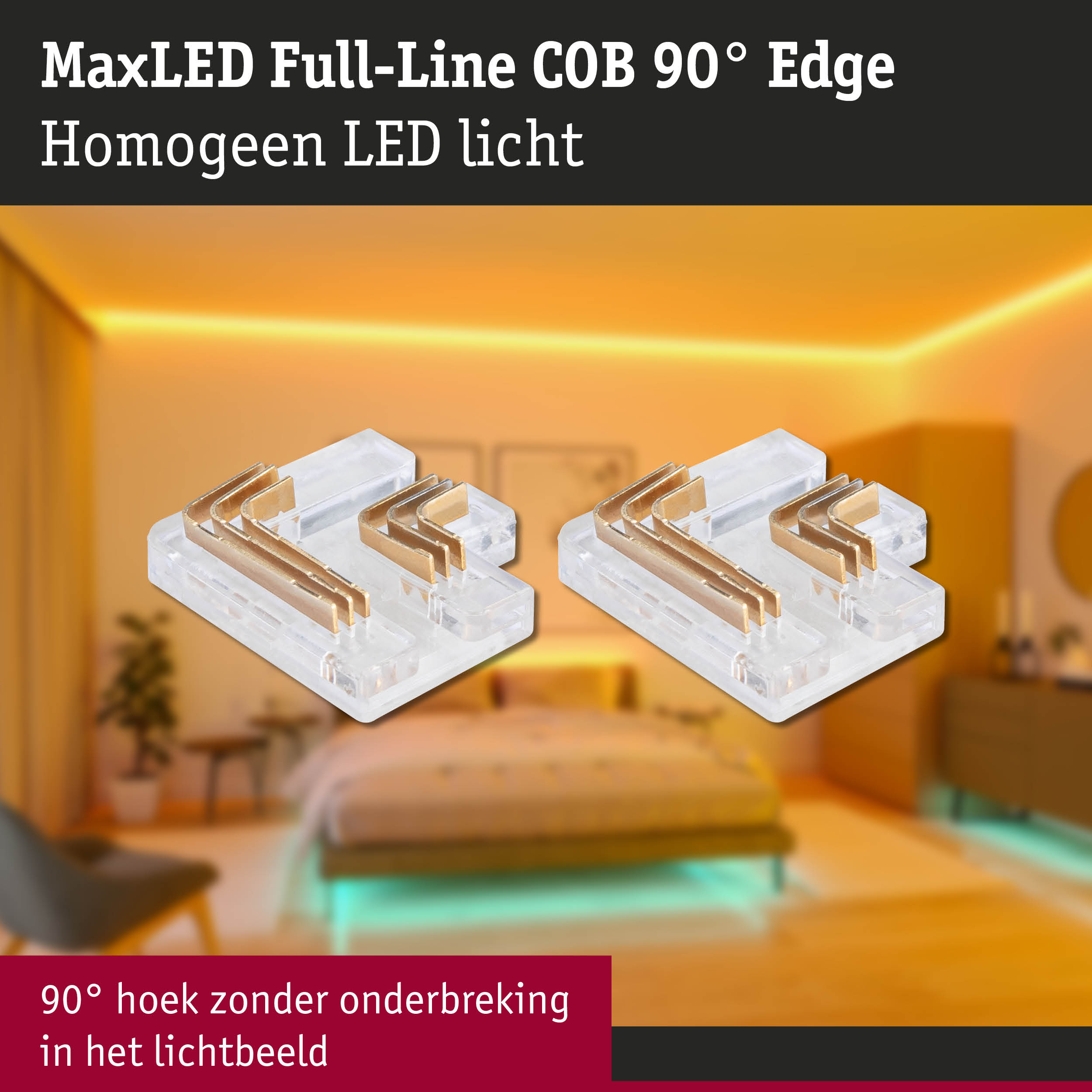 MaxLED Full-Line COB 90° Edge LED-hoekverbinder van transparant kunststof met metalen contacten