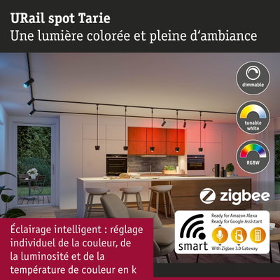 Cuisine moderne avec éclairage intelligent URail Spot Tarie RGBW noir, réglable en couleur et luminosité