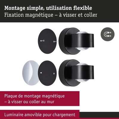 Plaque de montage magnétique noire avec vis et adhésif pour fixation murale flexible et luminaire amovible