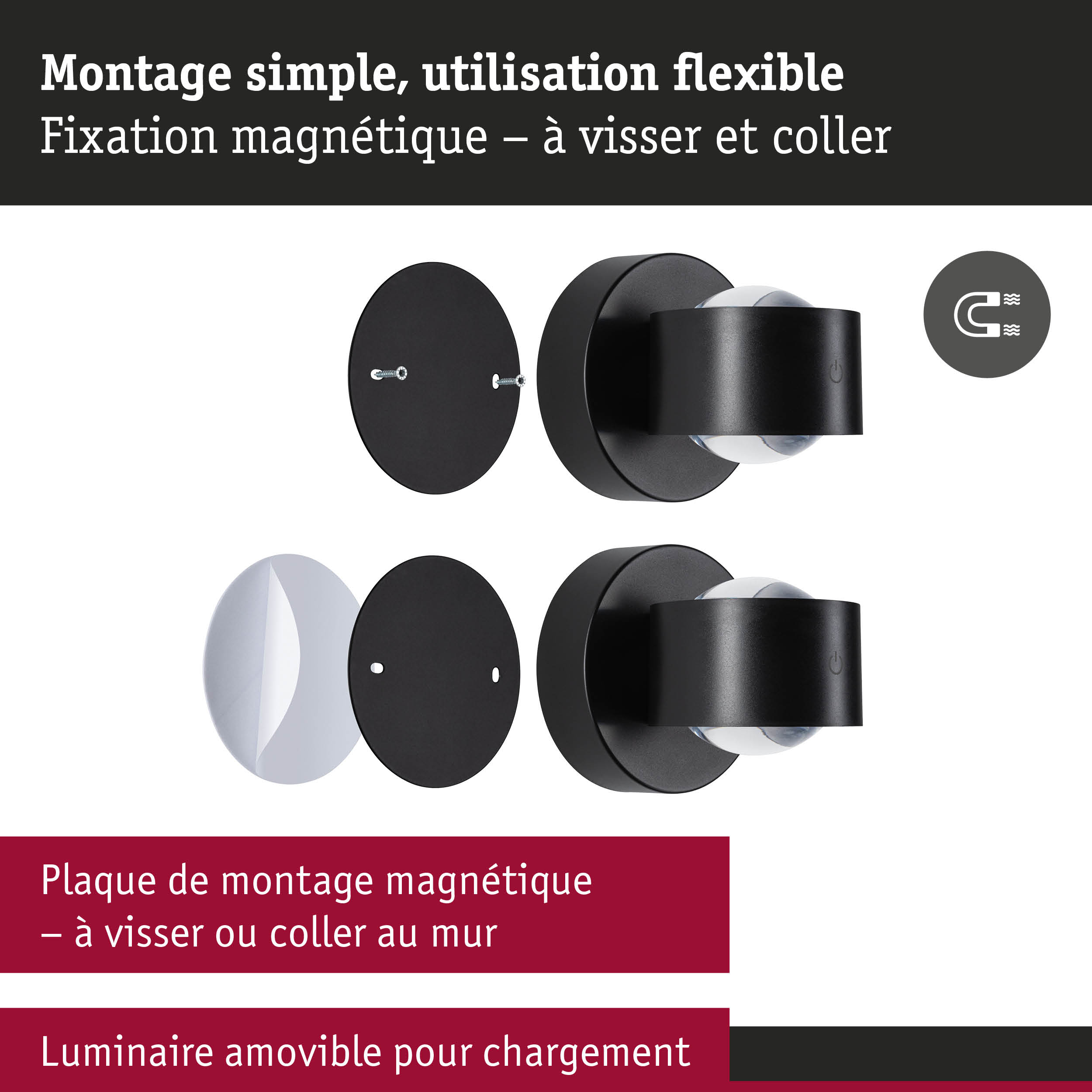 Plaque de montage magnétique noire avec vis et support de luminaire amovible pour fixation murale flexible