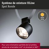 Spot rond noir ULine en métal avec lumière blanc chaud et rotation à 360° pour un éclairage flexible