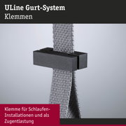 Schwarze ULine Gurt-Klemme aus Metall mit grauem Textilgurt für Schlaufen-Installationen