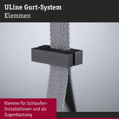Schwarze Kunststoffklemme am grauen Textilgurt für Schlaufen-Installationen und Zugentlastung