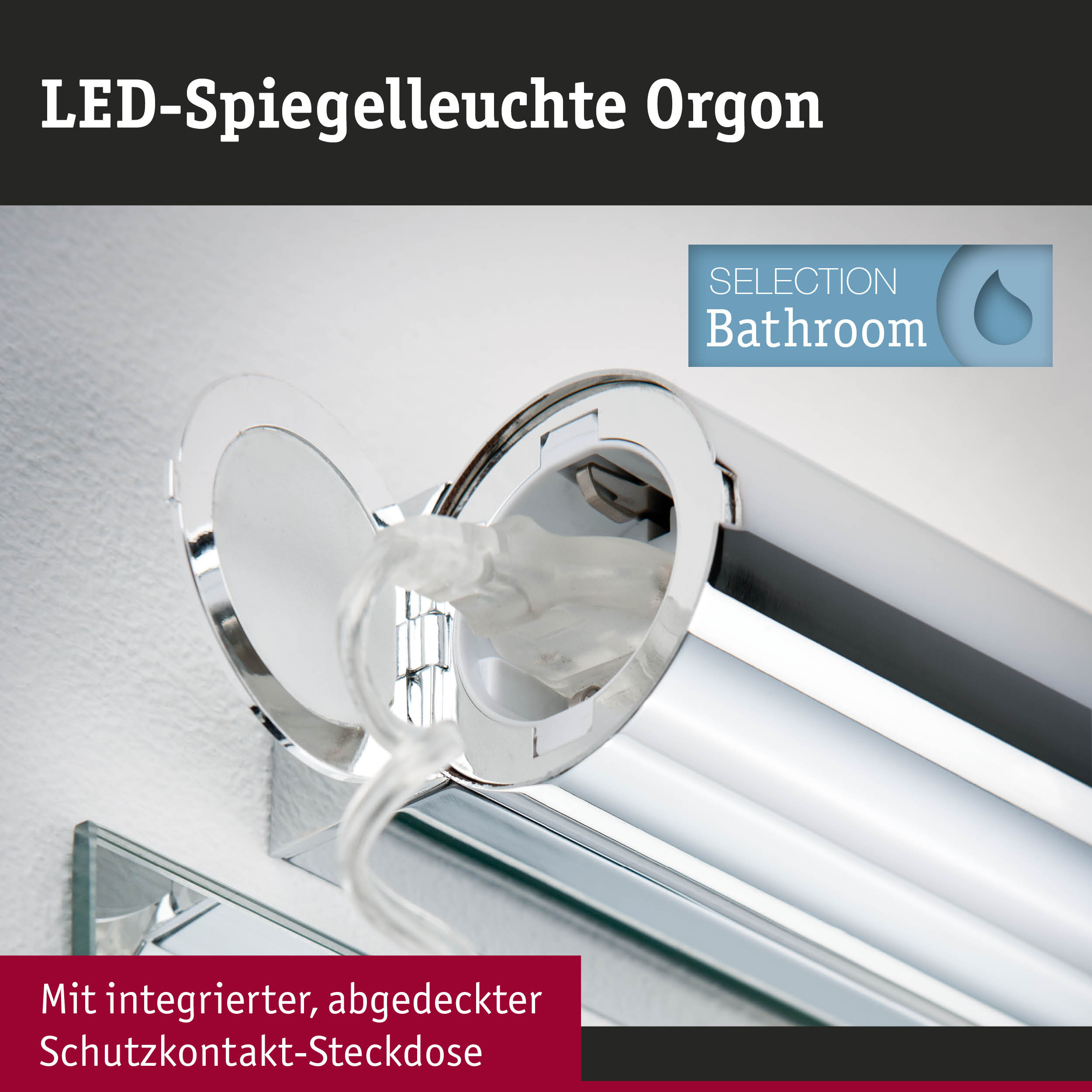 LED-Spiegelleuchte Orgon in Chrom mit integriertem Schutzkontakt-Steckdose für Badezimmerbeleuchtung