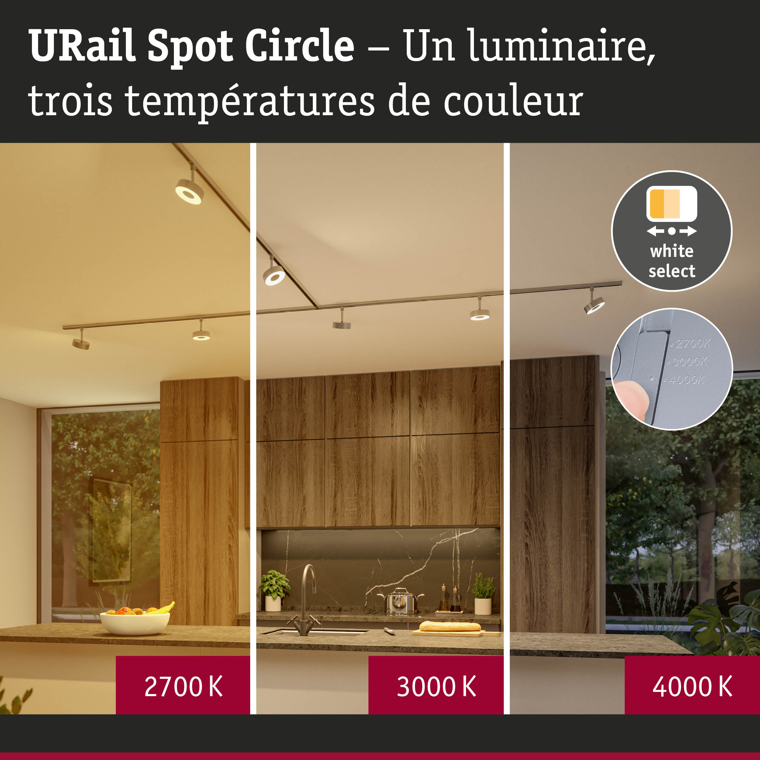 Spot URail Circle LED blanc avec trois températures de couleur réglables 2700K, 3000K, 4000K