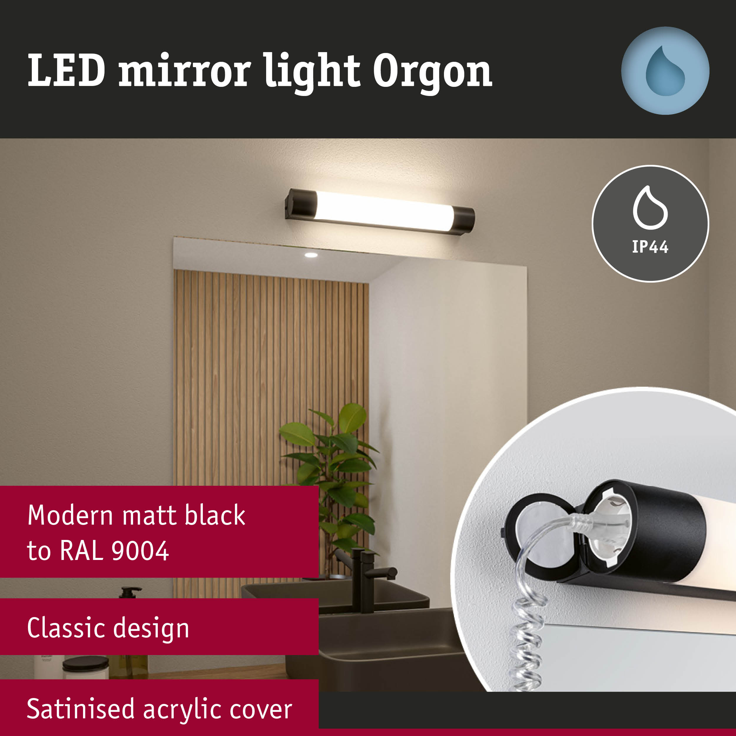 LED mirror light Orgon in matt black with satin acrylic cover and IP44 protection for bathroom