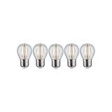 Fünf klare LED-Glühbirnen mit E27-Fassung und warmweißem Licht für energiesparende Beleuchtung