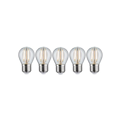Fünf klare LED-Glühbirnen mit E27-Fassung und warmweißem Licht für energiesparende Beleuchtung