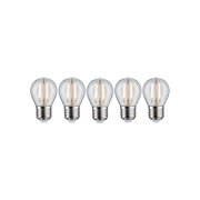 Fünf klare LED-Glühbirnen mit E27-Fassung und warmweißem Licht für energiesparende Beleuchtung