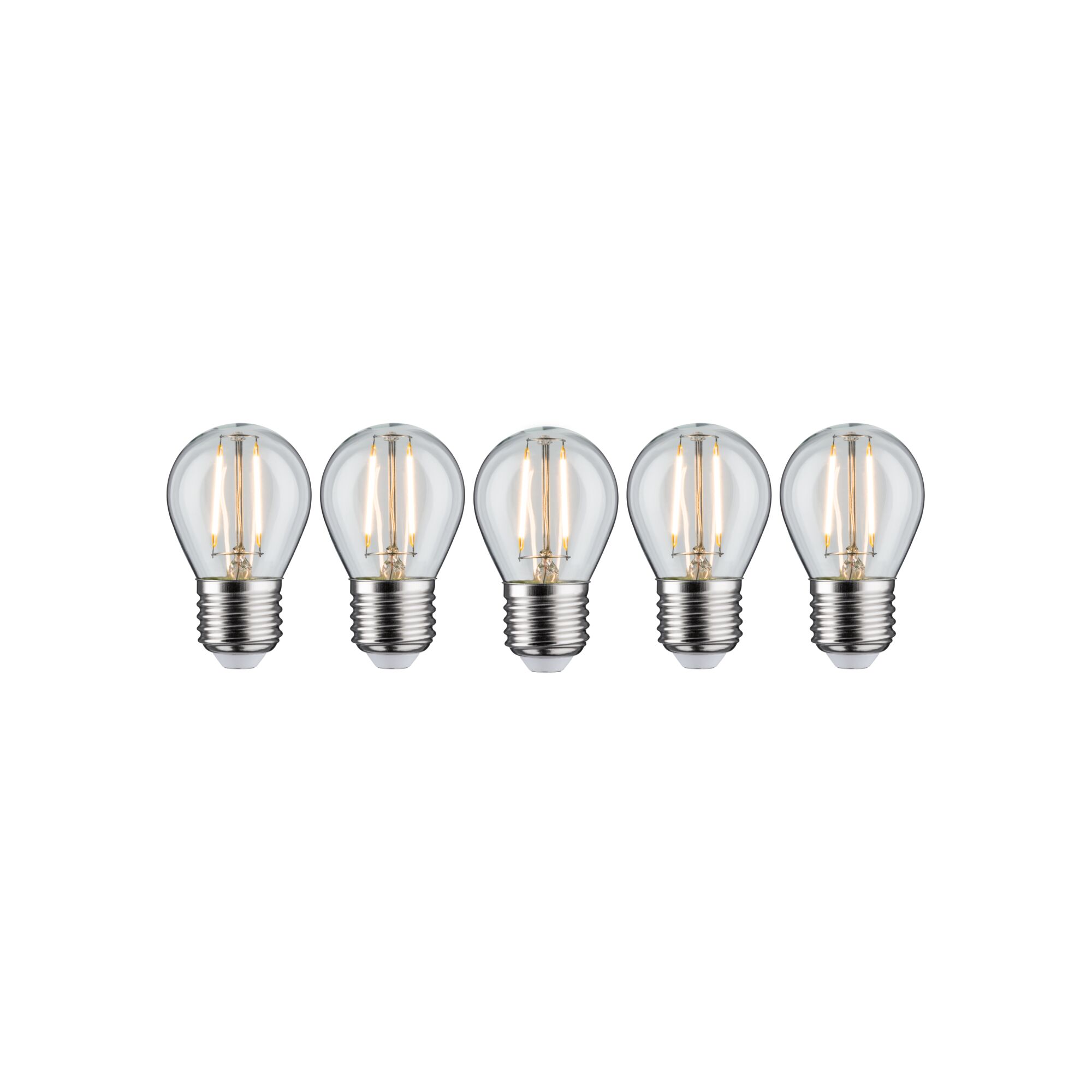 Fünf klare LED-Glühbirnen mit E27-Fassung und warmweißem Licht für energiesparende Beleuchtung