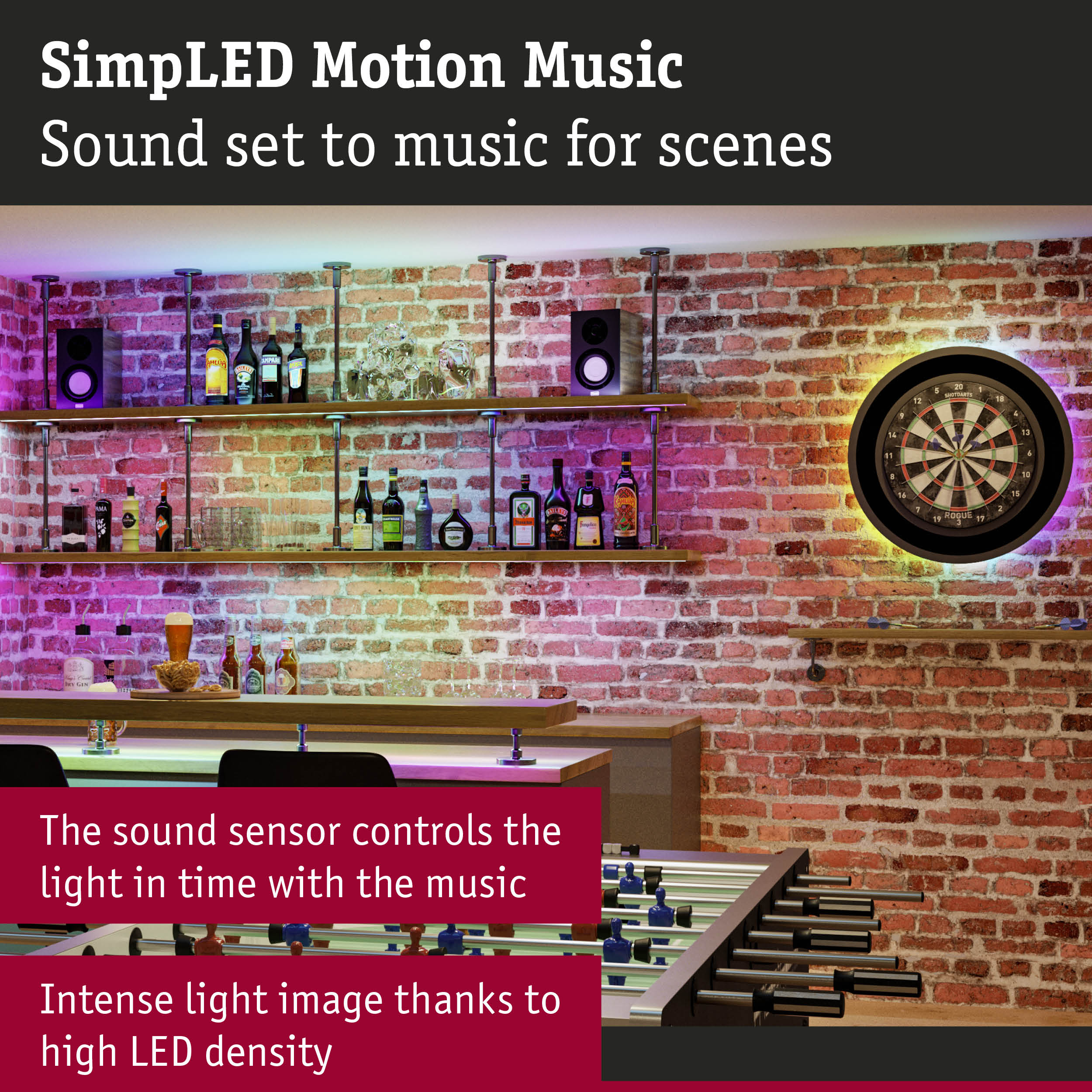 Bar with brick wall, LED lighting, speakers, dartboard and foosball table in leisure room