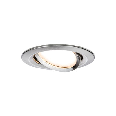 Round brushed aluminum spotlight in silver with warm white LED light for ceiling installation