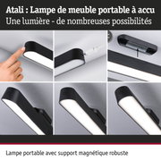 Lampe de meuble portable noire à accu avec support magnétique robuste et port de charge USB-C