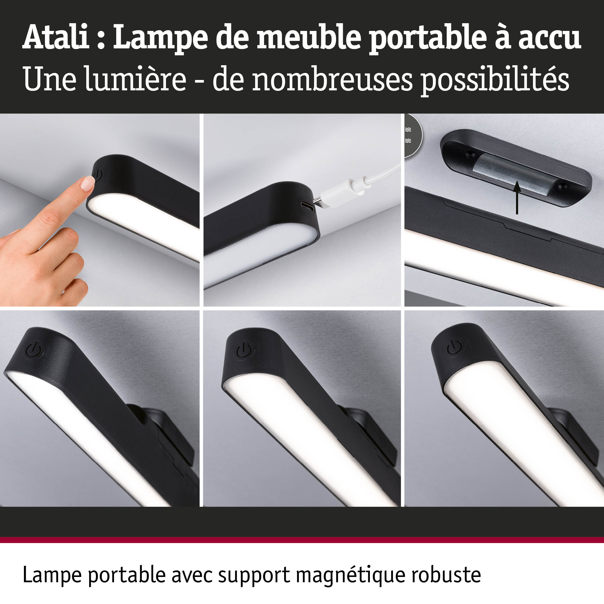 Lampe de meuble portable noire à accu avec support magnétique robuste et port de charge USB-C