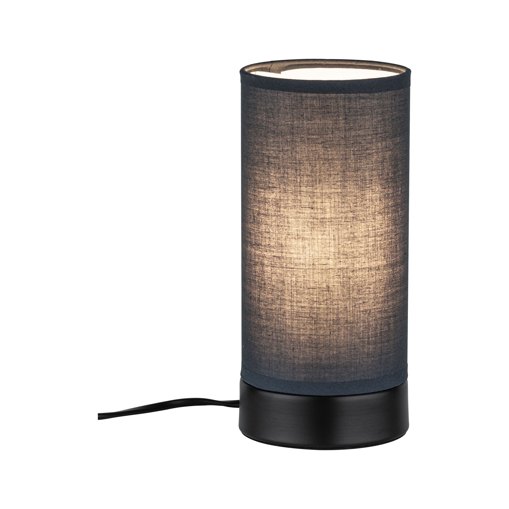 Moderne Tischlampe mit schwarzem Stoffschirm und schwarzem Metallfuß für stimmungsvolle Beleuchtung