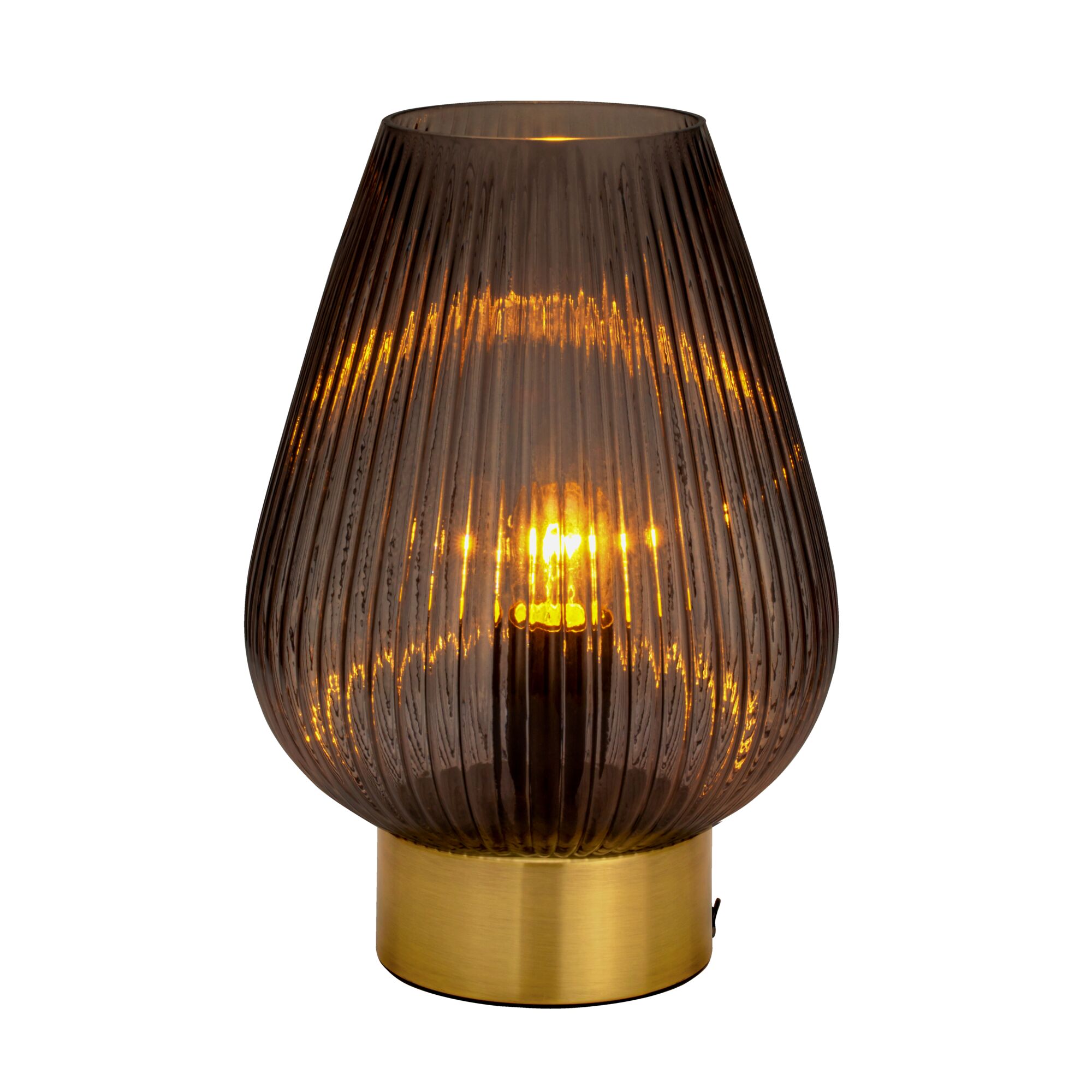 Modern table lamp with ribbed brown glass and gold metal base for ambient lighting in living spaces