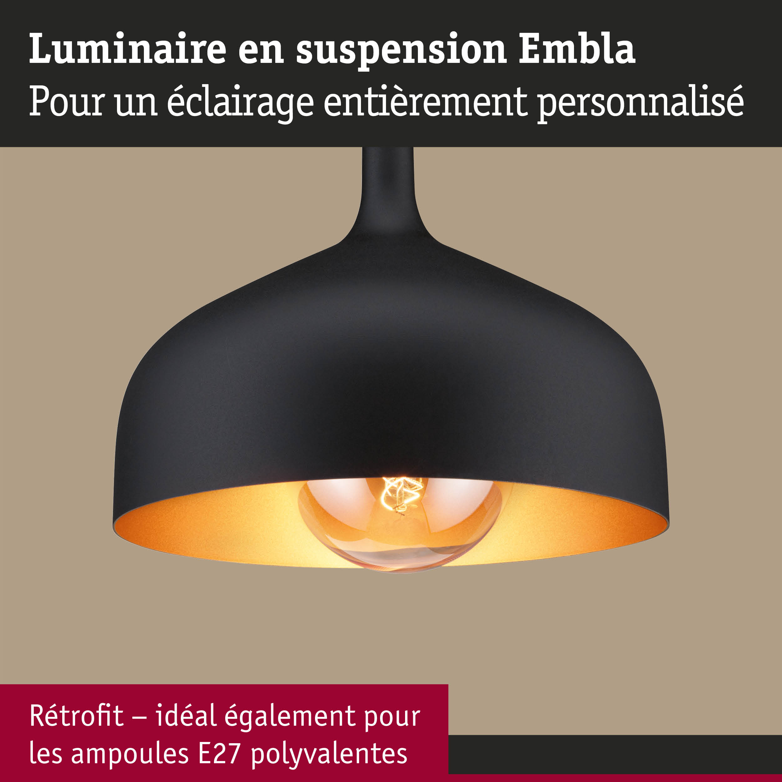 Luminaire suspendu Embla noir avec intérieur doré pour un éclairage personnalisé