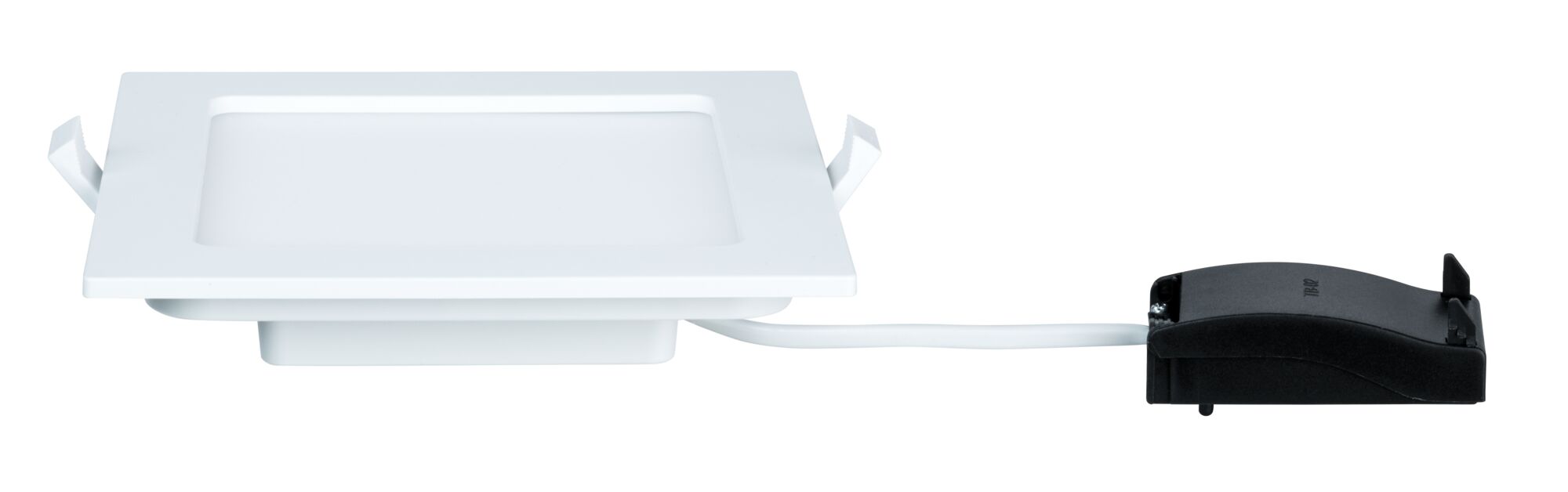 Quadratischer LED-Einbaustrahler in Weiß mit schwarzem Treiber und Kabel für moderne Beleuchtung