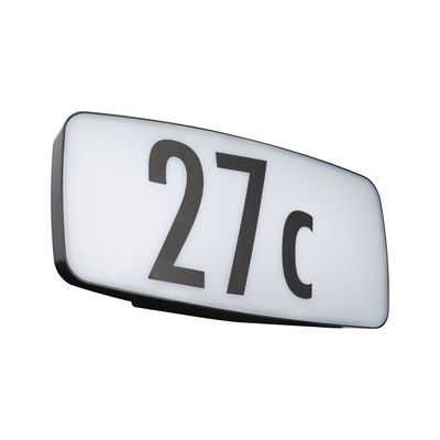 House number light with black frame and white illuminated panel showing digits 27c in black