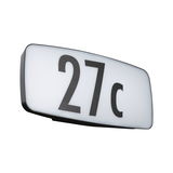 House number light with black frame and white illuminated panel showing digits 27c in black