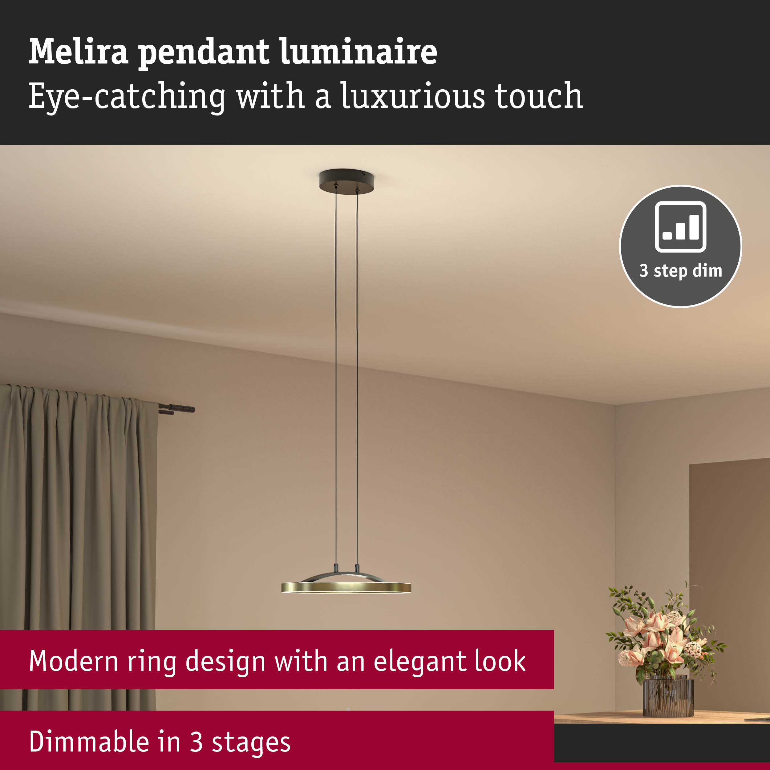 Melira pendant light in gold metal with modern ring design and 3-step dimmable function for elegant lighting