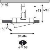 Technische Zeichnung eines quadratischen LED-Einbaustrahler mit 84x84 mm Abmessungen und 50 Grad Neigung