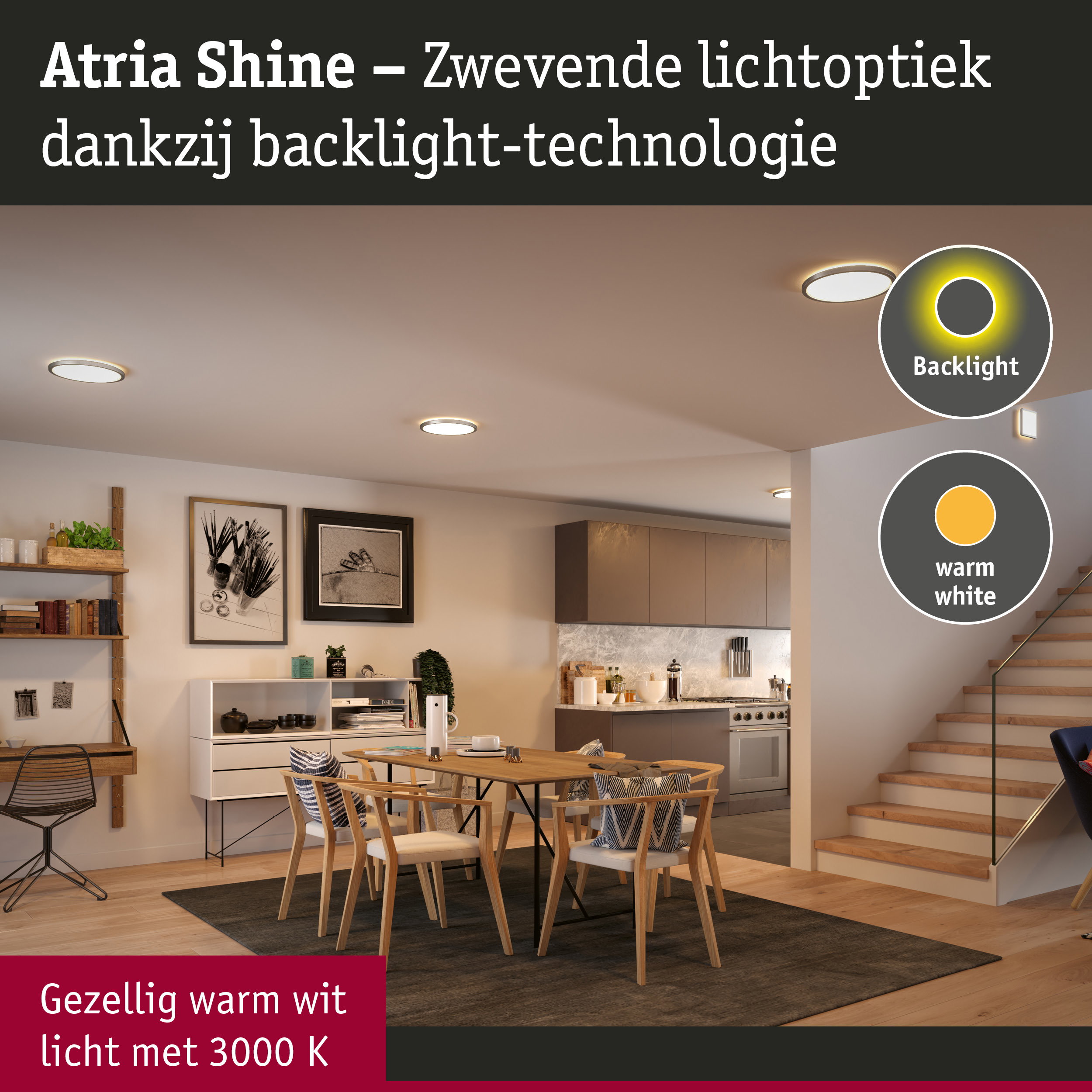 Atria Shine LED-plafondlampen met verstelbare lichtoptiek en warm wit licht voor gezellige ruimtes