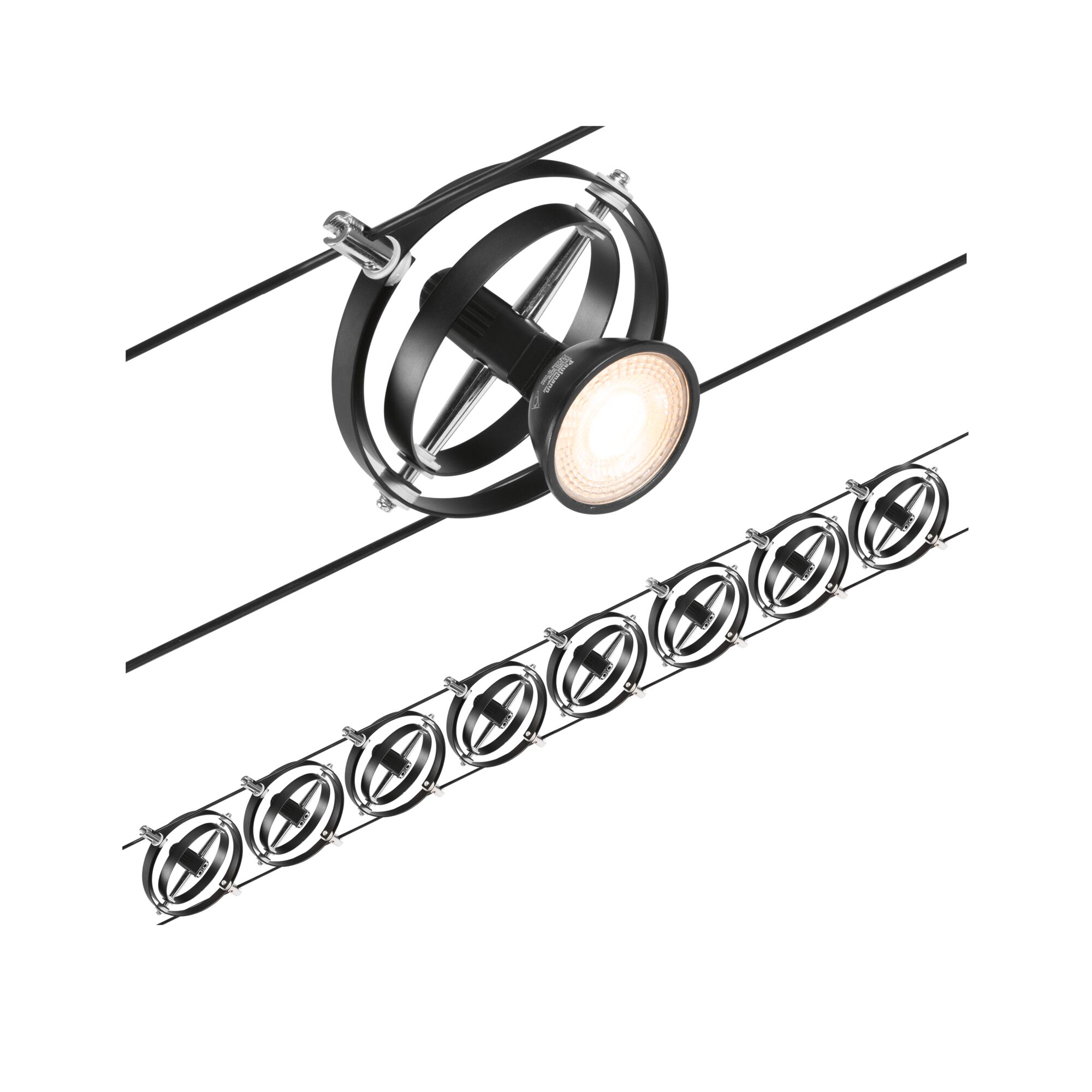 Black metal LED cable spotlights with spherical design for modern lighting solutions