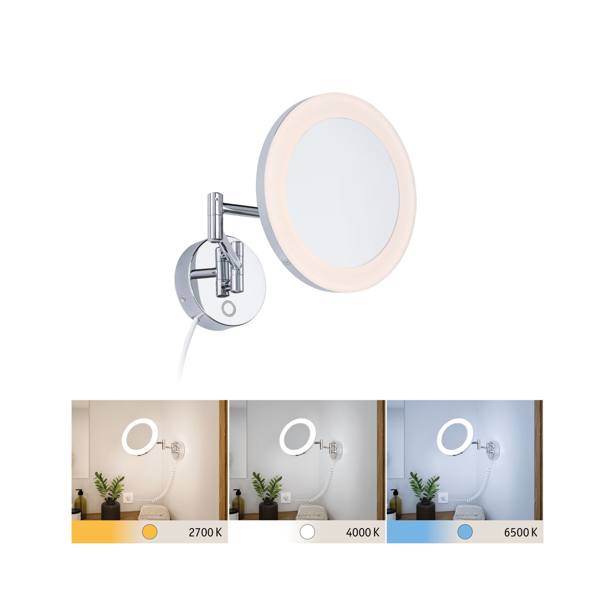 LED Vanity mirror Masua IP44 White Switch 55lm 230V 4W Chrome Round LED wall mirror with chrome frame and adjustable light color from 2700K to 6500K for bathroom and makeup.