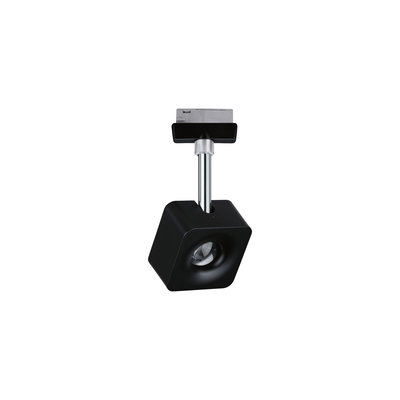 Black square metal LED spotlight with adjustable joint for track lighting systems.