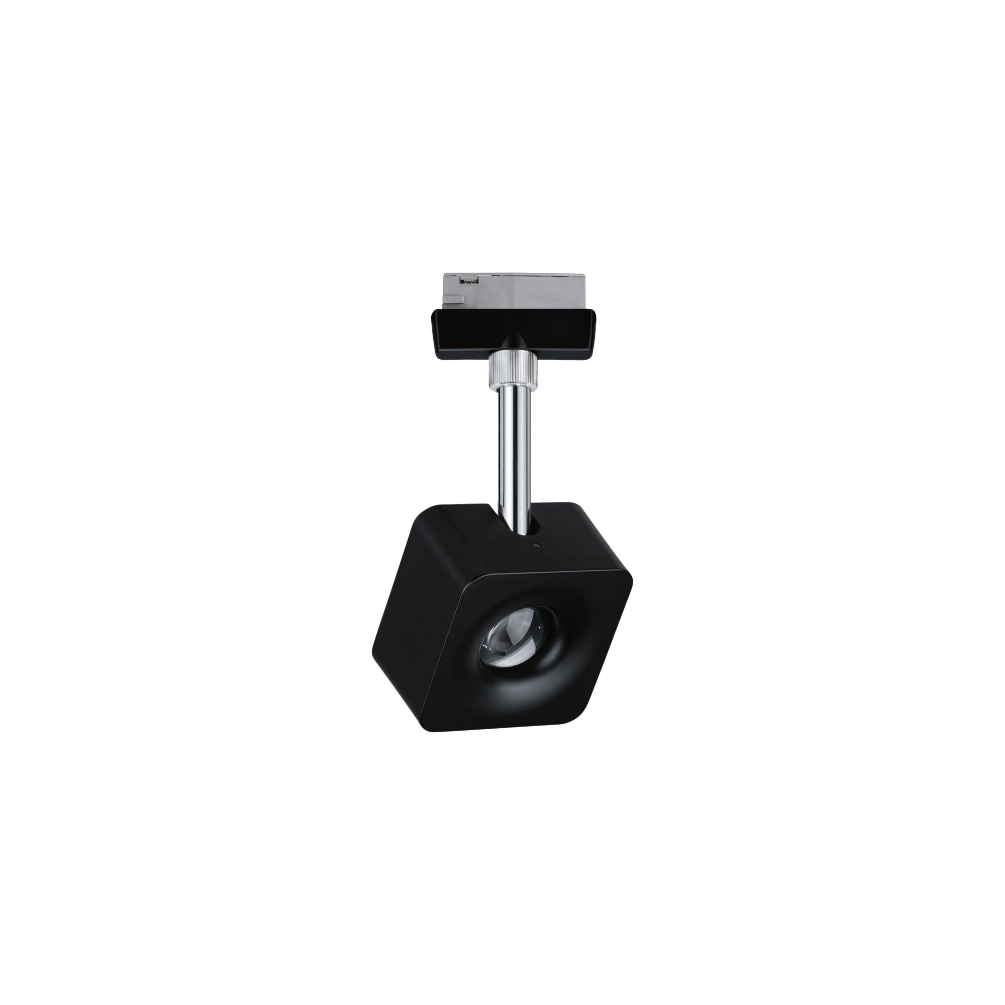 Schwarzer quadratischer LED-Strahler aus Metall mit verstellbarem Chromstiel für moderne Beleuchtung