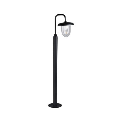Modern black outdoor metal bollard light with clear glass and LED filament bulb