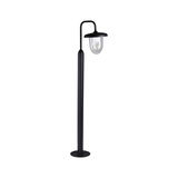 Modern black outdoor metal bollard light with clear glass and LED filament bulb