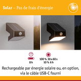 Applique murale solaire noire avec détecteur de mouvement, rechargeable par énergie solaire ou câble USB-C fourni