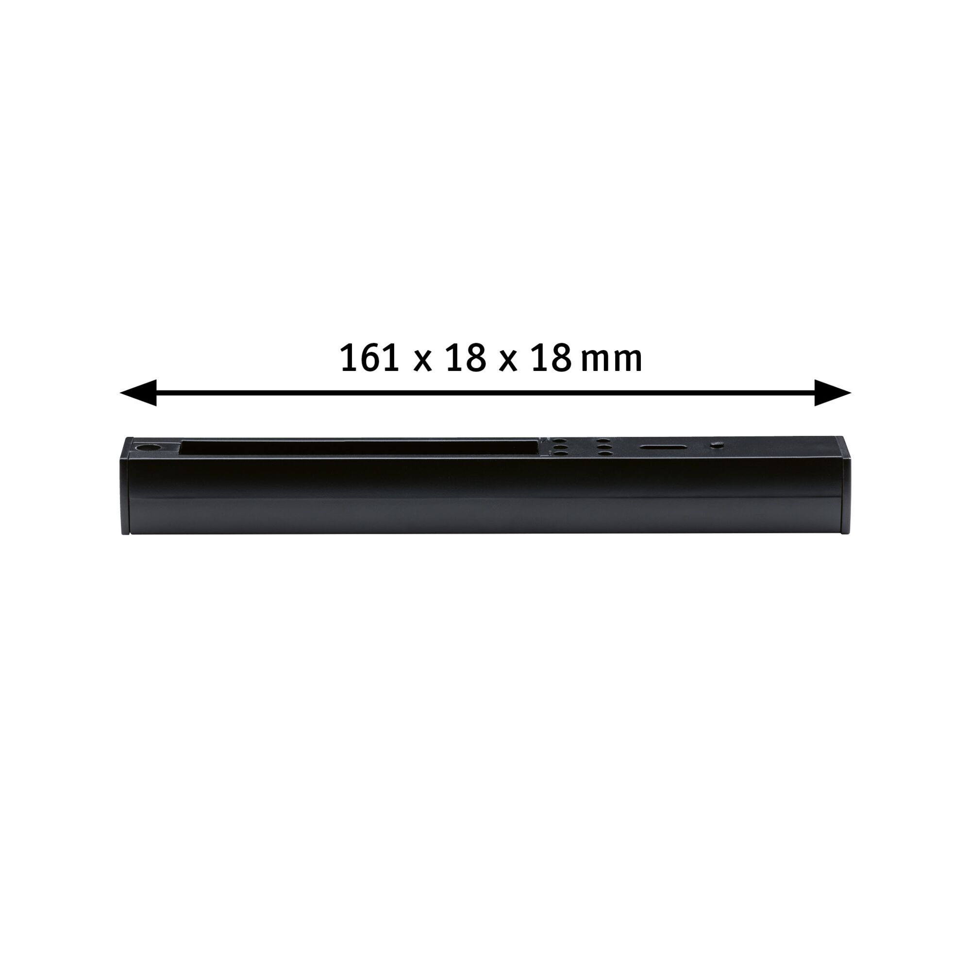 Schwarzes Aluminium-Gehäuse mit Maßen 161 x 18 x 18 mm für LED-Beleuchtungssysteme