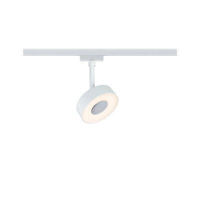 Moderner weißer LED-Spot aus Metall an Schienensystem für flexible Raumbeleuchtung