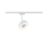 Moderner weißer LED-Spot aus Metall an Schienensystem für flexible Raumbeleuchtung