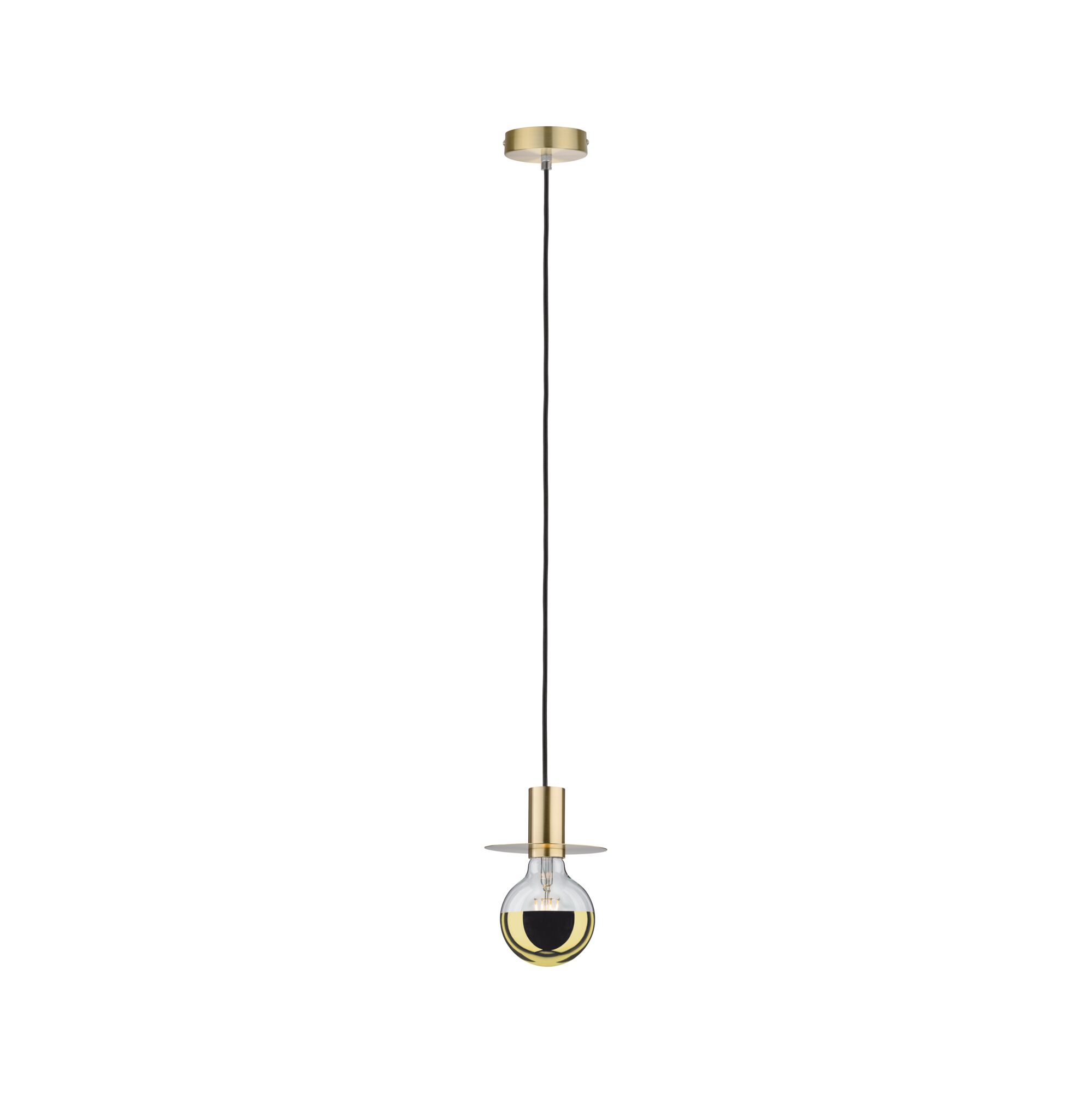 Moderne Pendelleuchte aus goldfarbenem Metall mit schwarzem Kabel und dekorativer Glühbirne für Wohnräume