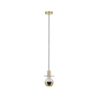 Moderne Pendelleuchte aus goldfarbenem Metall mit schwarzem Kabel und dekorativer Glühbirne für Wohnräume