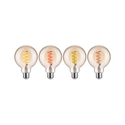 Four decorative LED bulbs with colored spiral filaments and clear glass for ambient lighting effects