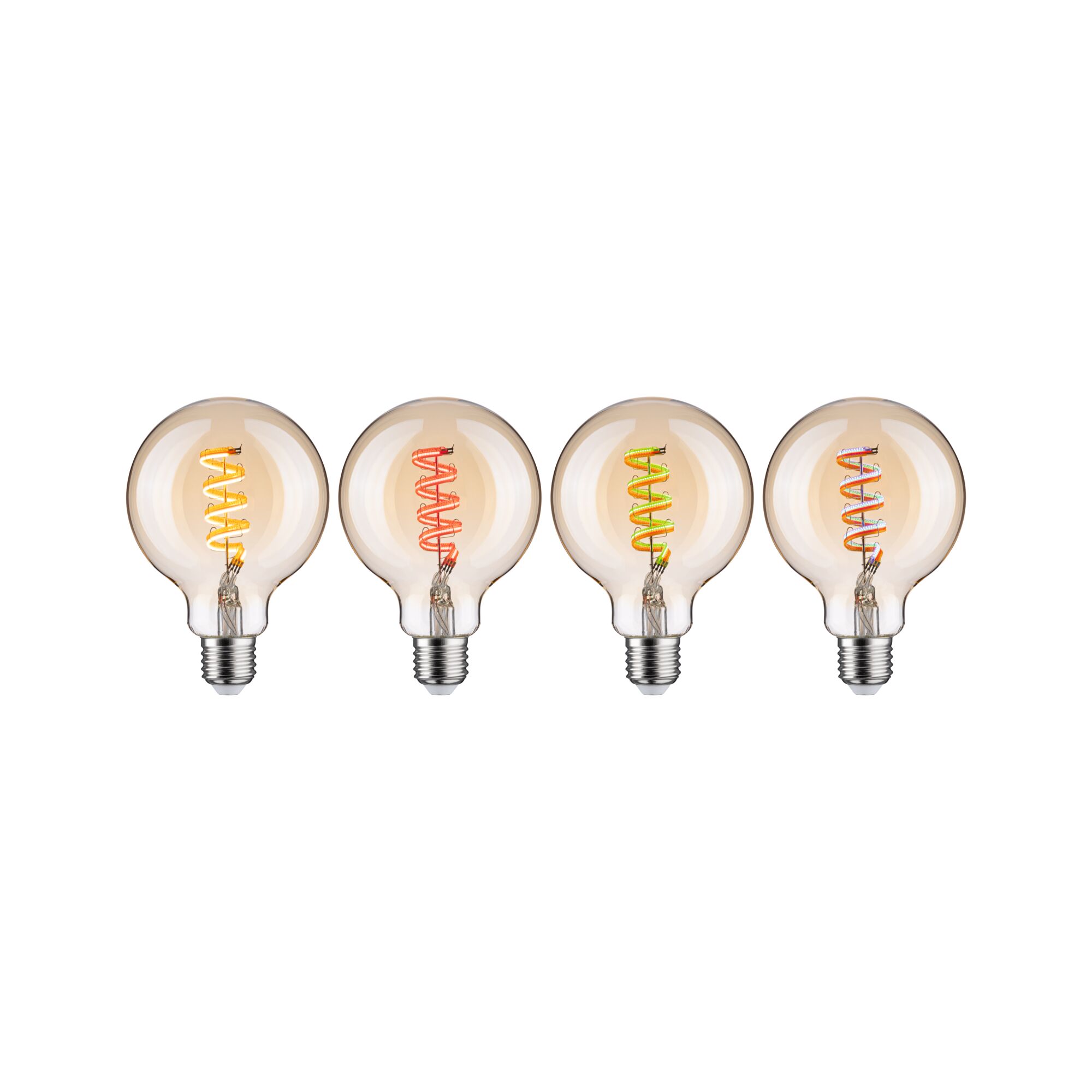 Four decorative LED bulbs with colored spiral filaments and clear glass for ambient lighting effects