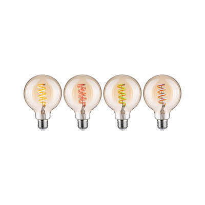 Four decorative LED bulbs with colored spiral filaments and clear glass for ambient lighting effects