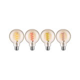 Quatre ampoules LED décoratives avec filaments en spirale colorés et verre transparent pour éclairage d'ambiance