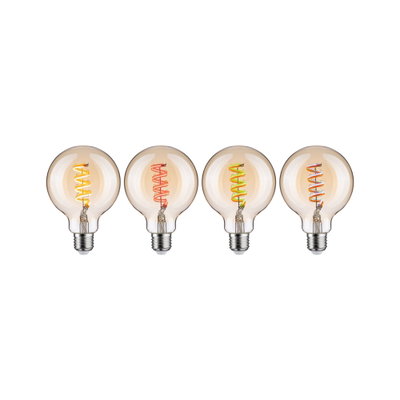 Vier decoratieve LED-lampen met gekleurde spiraaldraden en helder glas voor sfeerverlichting